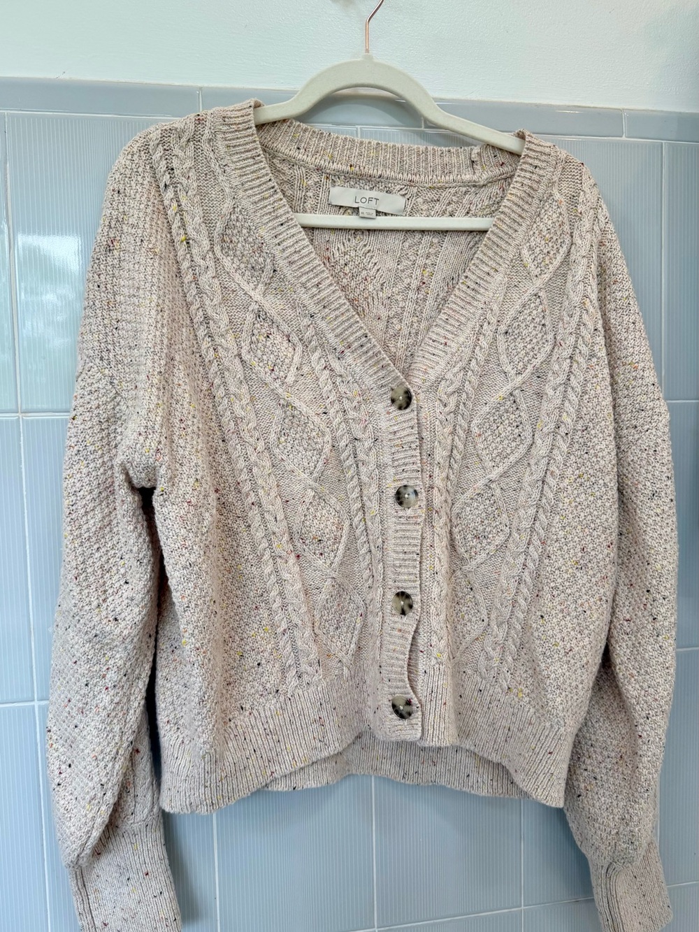 LOFT Cream Speckled Cable-Knit Button Cardigan